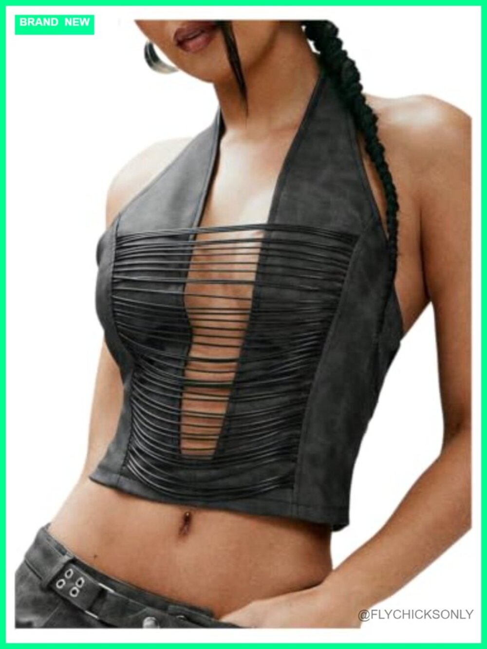 Faux Leather Halter Crop Top Lace Up Deep V Neck Tank